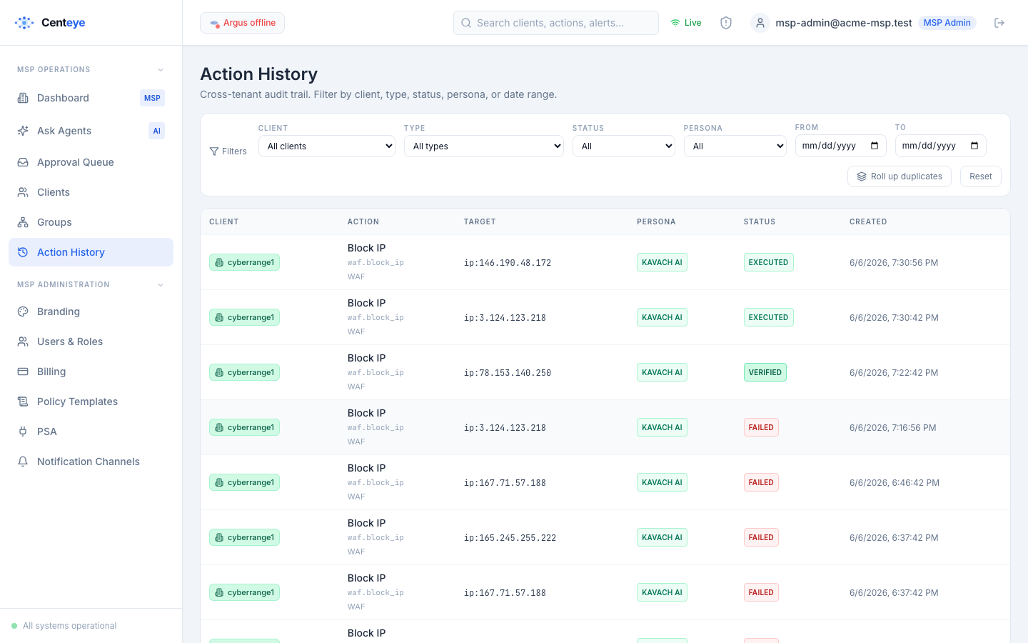 Centeye AI action history — a reversible, audited log of every automated and approved action.
