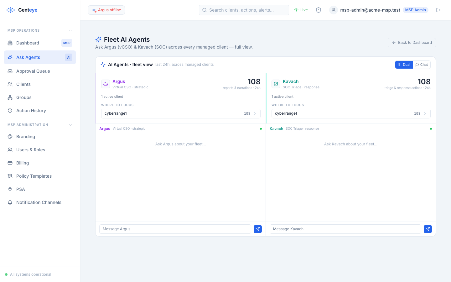 Centeye Fleet virtual security employees — Argus (vCSO) and Kavach (SOC) reporting and recommending actions across managed clients