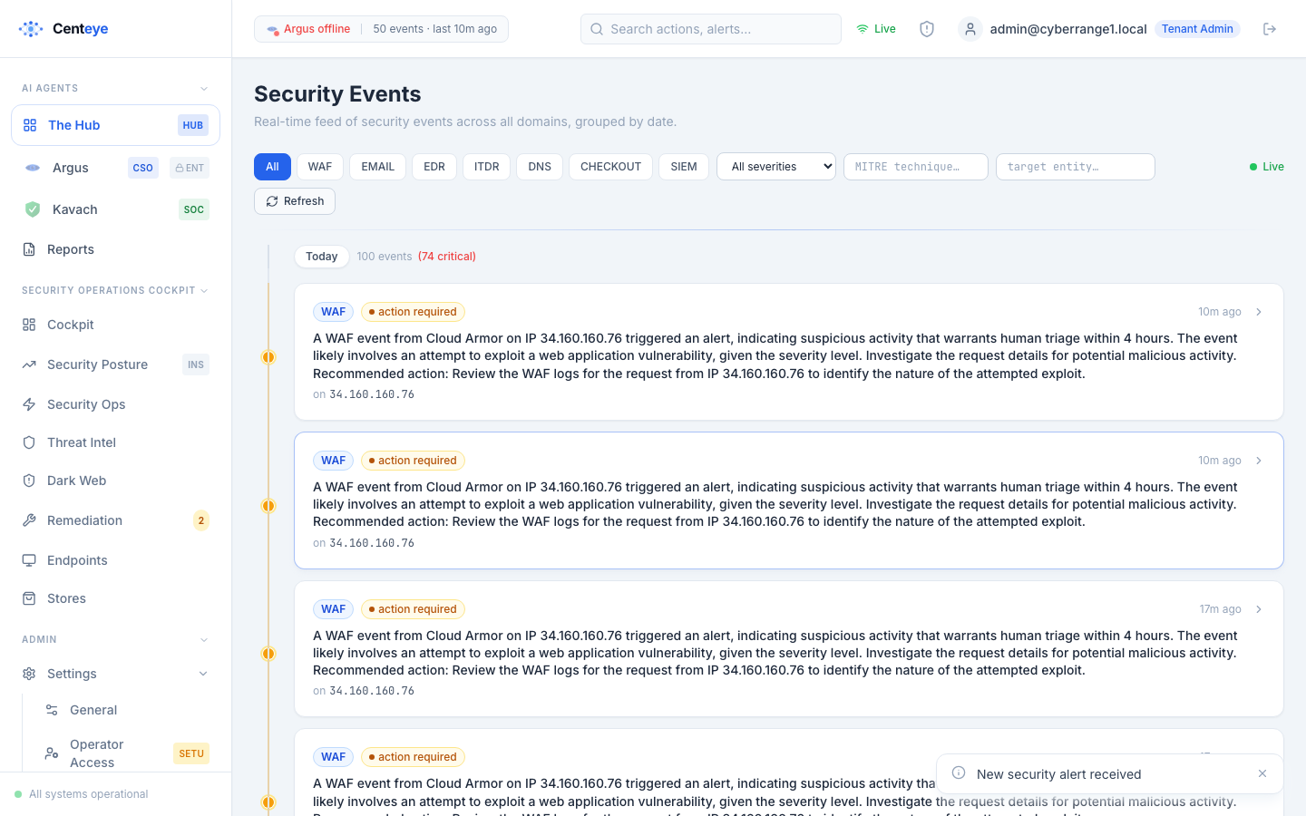 Centeye security-events view — real-time events triaged and explained in plain English.